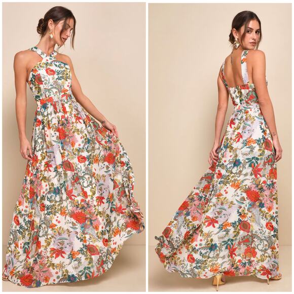 NEW Lulus Lija Cream Floral Maxi Dress - Picture 1 of 8